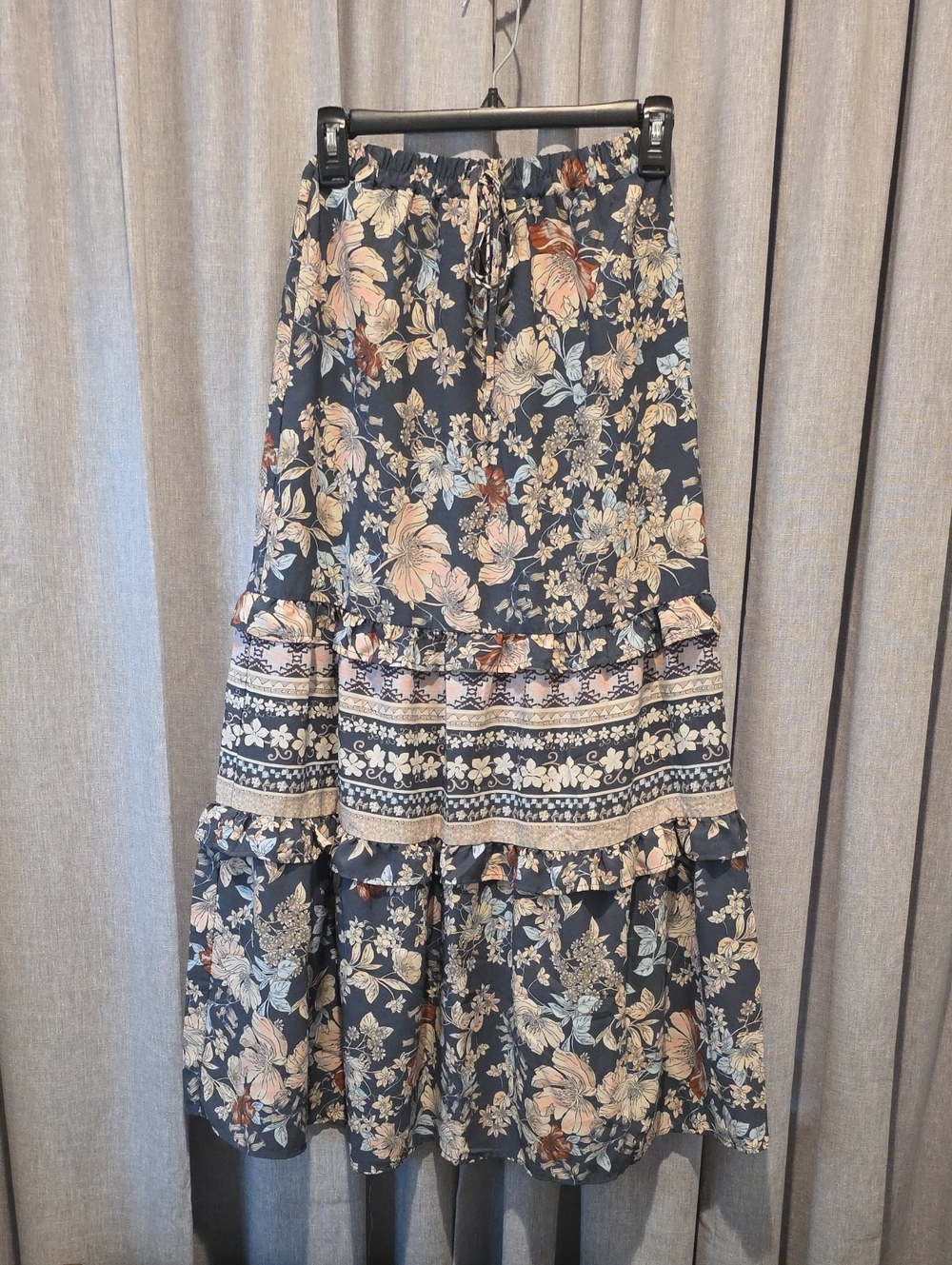 Sienna Sky Boho Prairie Blue Floral Tiered Maxi Skirt with Blush Accents